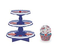 Union Jack Cup Cake Stand and Cake Cases | 75 Paper Cupcake Cases & 3 Tier Cupcake Stand with Union Jack Flag Designs | King Charles Coronation Party Stand and Cases