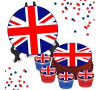 Union Jack Flag 8 INCH Cake or Cupcake Icing Toppers - Birthday Celebration Cake Decorations Perfect For Cakes Brownies Cookies Muffins & More! (1 x 8 Inch Circle Cake Topper (20.3cm x 20.3cm))