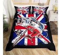 Union Jack Flag Duvet Cover Farmhouse Fishing Bedding Set for Kids Boys Girls Teens Room Wild Fish Comforter Cover Set Red Whit Blue Stripe Bedspread Cover 2Pcs Zipper Junior/Cot Bed Size