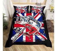 Union Jack Flag Duvet Cover Farmhouse Fishing Bedding Set for Kids Boys Girls Teens Room Wild Fish Comforter Cover Set Red Whit Blue Stripe Bedspread Cover 3Pcs Zipper Double Size