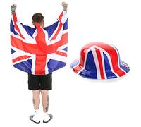 Union Jack Flag & Hat Set - Pack of 3 - Wearable Large Union Jack Flag Cape & Union Jack Bowler Hat - VE Day, Britain Fancy Dress VE DAY COMMONWEALTH