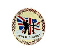 Union Jack Flag Lapel Pin - Never Forget Badge with Red Flower Wreath