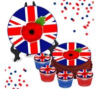 Union Jack Flag with Poppy 8 INCH Cake or Cupcake Icing Toppers - Remembrance Cake Decorations Perfect For Cakes Brownies Cookies Muffins & More! (1 x 8 Inch Circle Cake Topper (20.3cm x 20.3cm))