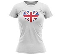 Union Jack Heart Flag Womens T Shirt Great Britan Tee King Charles III Kings Coronation Top, M, White