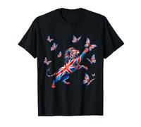 Union Jack Leaping Lion Watercolour Butterfly British Design T-Shirt