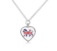 Union Jack Lion And United Kingdom Flag Printed Heart Pet Urn Necklace | Alloy Keepsake Pendant Dog Cat Cremation Jewellery for Ashes