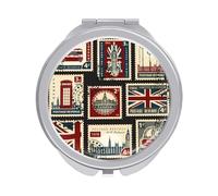 Union Jack Parliament Big Ben and London Retro Stamps Folding Make Up Mirror, Compact 2X/1X Magnification Mirror, Women Portable Travel Makeup Mirror 2.4 x 2.4 inch