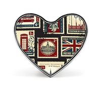 Union Jack, Parliament, Big Ben and London Retro Stamps Heart Brooch Pin, Unisex Smooth Surface Lapel Tie Pin, Lightweight Badge Jewelry Crafts Decor for Costume Accessory Men Women