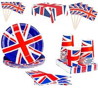 Union Jack Party Picnic Set 33 piece 8 Plates 8 Cups 8 napkins 8 Sandwich Flags & Plastic Picnic Sheet