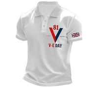 Union Jack Polo Shirts for Men UK Great Britain Graphic VE Day 81th Anniversary Commemorative Polo Shirt Button Down Collared Neck Sport Breathable Lightweight Cozy Golf T Shirts,White,M