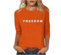 Union Jack Shirts Freedom T Shirt for Women Casual 3/4 Sleeve Crewneck American Shirt Letter Print Graphic Color Block Funny Freedom Tshirt Orange XXXL