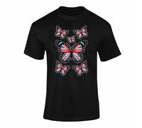 Union Jack T Shirt - British Flag Clothes Top, Union Jack T Shirts for Men, Women & Kids with Butterfly Design Style 2 Black Large