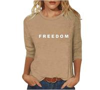 Union Jack t Shirt Freedom T Shirt for Women Casual 3/4 Sleeve Crewneck American Shirt Letter Print Graphic Color Block Funny Freedom Tshirt Khaki XXXL