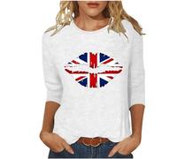 Union Jack T Shirt Women UK Crewneck Summer Tops for Ladies Union Jack Tops 3/4 Sleeve Blouse Britain Union Jack Flags Graphic Tee Pullover Tops Casual Loose Classic Tee Shirts Lightweight Blouses