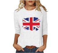 Union Jack T-Shirt Womens UK Round Neck 3/4 Sleeve T Shirts Union Jack Flags Printed Tshirt Union Jack Top British Holiday Clothes Ladies British Flags Tops for Women Union Jack T-Shirts