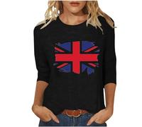Union Jack T-Shirt Womens UK Round Neck 3/4 Sleeve T Shirts Union Jack Flags Printed Tshirt Union Jack Top British Holiday Clothes Ladies British Flags Tops for Women Union Jack T-Shirts