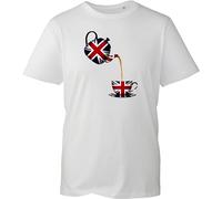 Union Jack Tea Set T-Shirt, UK Flag Tea Party Graphic Teapot Cup Artwork, British Culture Brew Lover Souvenir Novelty Tee (White, L)