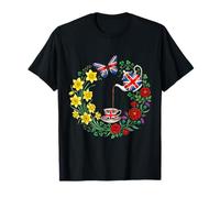 Union Jack Teapot Cup Floral Wreath British Tea Time Graphic T-Shirt