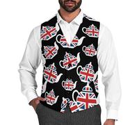 Union Jack Teapot Men's Casual Suit Vest Formal Western Cufflinks Dress Slim Fit Party Waistcoat