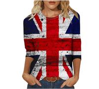 Union Jack Tops for Women 3/4 Sleeve Vintage UK Flag T-Shirts Womnes Classic Fit Great Britain Tunic Blouses Round Neck British Flag Ladies Tops S-3XL