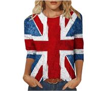 Union Jack Tops for Women 3/4 Sleeve Vintage UK Flag T-Shirts Womnes Classic Fit Great Britain Tunic Blouses Round Neck British Flag Ladies Tops S-3XL