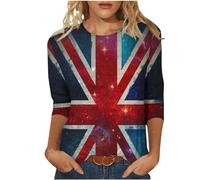 Union Jack Tops for Women 3/4 Sleeve Vintage UK Flag T-Shirts Womnes Classic Fit Great Britain Tunic Blouses Round Neck British Flag Ladies Tops S-3XL