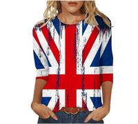 Union Jack Tops for Women 3/4 Sleeve Vintage UK Flag T-Shirts Womnes Classic Fit Great Britain Tunic Blouses Round Neck British Flag Ladies Tops S-3XL