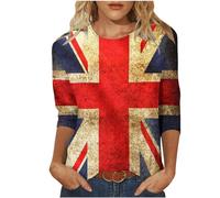 Union Jack Tops for Women 3/4 Sleeve Vintage UK Flag T-Shirts Womnes Classic Fit Great Britain Tunic Blouses Round Neck British Flag Ladies Tops S-3XL
