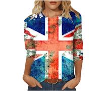 Union Jack Tops for Women 3/4 Sleeve Vintage UK Flag T-Shirts Womnes Classic Fit Great Britain Tunic Blouses Round Neck British Flag Ladies Tops S-3XL