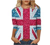 Union Jack Tops for Women 3/4 Sleeve Vintage UK Flag T-Shirts Womnes Classic Fit Great Britain Tunic Blouses Round Neck British Flag Ladies Tops S-3XL