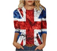 Union Jack Tops for Women 3/4 Sleeve Vintage UK Flag T-Shirts Womnes Classic Fit Great Britain Tunic Blouses Round Neck British Flag Ladies Tops S-3XL