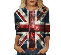 Union Jack Tops for Women 3/4 Sleeve Vintage UK Flag T-Shirts Womnes Classic Fit Great Britain Tunic Blouses Round Neck British Flag Ladies Tops S-3XL