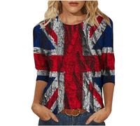 Union Jack Tops for Women 3/4 Sleeve Vintage UK Flag T-Shirts Womnes Classic Fit Great Britain Tunic Blouses Round Neck British Flag Ladies Tops S-3XL
