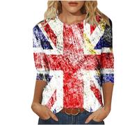 Union Jack Tops for Women 3/4 Sleeve Vintage UK Flag T-Shirts Womnes Classic Fit Great Britain Tunic Blouses Round Neck British Flag Ladies Tops S-3XL