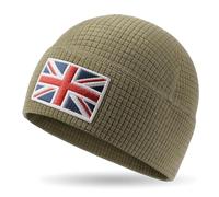 Union Jack Waffle Thermal Beanie - Recycled Polyester, Double-Layer Hem, Soft Warm Lightweight UK Flag Hat for Men & Women, Outdoor, Hiking, Running, Camping - One Size, Army Green