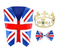 Union Jack Waistcoat, Bowtie and Crown - Large - Waistcoat with Union Jack Print, Matching Bowtie and Gold King's Crown - King's Street Party Fancy Dress Costume VE DAY COMMONWEALTH