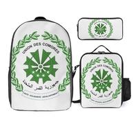Union Of The Comoros National Emblem Backpack School Bag Lightweight Girls Boys 3 Piece Set Book Bag Set Large Capacity Waterproof Rucksack Lunch Pencil Case For Kids Children Students Teenagers