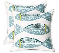 UnionKK 2 PCS Embroidered Throw Pillow Cover Cotton Decorative Square Cushion Cases for Home Sofa Bed and Chair 18 x 18 Inch (Blue Fish-2)