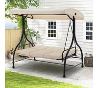 UNIONLINE 3 Seater Garden Swing Seat Bed, Convertible Outdoor Hammock Bench Chair with Adjustable Canopy & Cushion, Steel Frame Porch Swing Chair Lounger for For Garden/Balcony/Terrace/Patio(Beige)