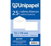 Unipapel | Pack 25 Small White Envelopes with Peak Flap | White Paper 80 g | Gummed Closure | Measures: 72 x 110 mm | Perfect for Gifts or Thank You Notes