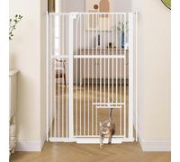 unipaws 142 cm Tall Dog Gate with Cat Door, 95-105 cm Wide Pressure Mounted Dog Gate for Stair Doorway, Walk Through Pet Gate, White