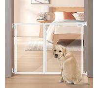 unipaws Clear Dog Gate, No Bottom Bar Pet Safety Gate for Doorways Hallways Stairs, Walk Thru Design with One-Hand Dual Swing Door, Indoor and Outdoor Use, Adjustable 71 cm to 110 cm Wide, 76 cm Tall