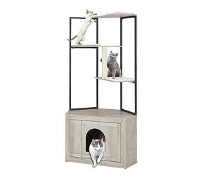 unipaws Corner Cat Litter Box Enclosure with Cat Tree, Modern Cats Tower Hidden Litter Cabinet with Scratching Post and Soft Perch, Indoor Wooden Kitten House with Multiple Platforms