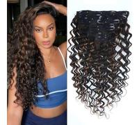 Unipearl Deep Curly Clip-In Real Hair Extensions, 40 cm / 16 Inches, 8 Pieces, 100 g, #T2/P6 Ombre Brown Hair Extensions for Women, Water Wave Remy Hair Extensions, Clip-In