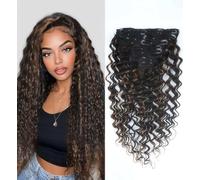 Unipearl Deep Curly Clip-In Real Hair Extensions, 45 cm / 18 Inches, 8 Pieces, 120 g, #T2/P6 Ombre Brown Hair Extensions for Women, Water Wave Remy Hair Extensions Clip-In