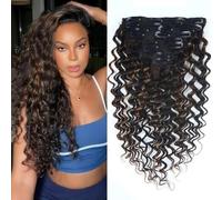Unipearl Deep Curly Clip-In Real Hair Extensions, 55 cm / 22 Inches, 8 Pieces, 120 g, #T2/P6 Ombre Brown Hair Extensions for Women, Water Wave Remy Hair Extensions, Clip-In