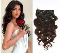 Unipearl Wavy Clip-In Real Hair Extensions, 35 cm / 14 Inches, 8 Pieces, 100 g, #2 Brown Hair Extensions for Women, Body Wave Remy Hair Extensions, Clip-In