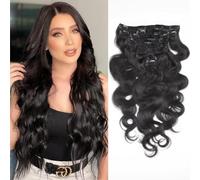 Unipearl Wavy Clip-In Real Hair Extensions, 55 cm / 22 Inches, 8 Pieces, 120 g, Natural Black Hair Extensions for Women, Body Wave Remy Hair Extensions, Clip-In