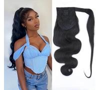 Unipearl Wavy Ponytail Extensions, Real Hair, 40 cm, 16 Inches, 100 g, Natural Black Clip-In Ponytail Hair Extension, Body Wave Braid Extensions, Real Hair
