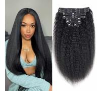 Unipearl Yaki Straight Clip-In Real Hair Extensions, 55 cm / 22 Inches, 8 Pieces, 120 g, Natural Black Hair Extensions for Women, Kinky Straight Remy Hair Extensions, Clip-In
